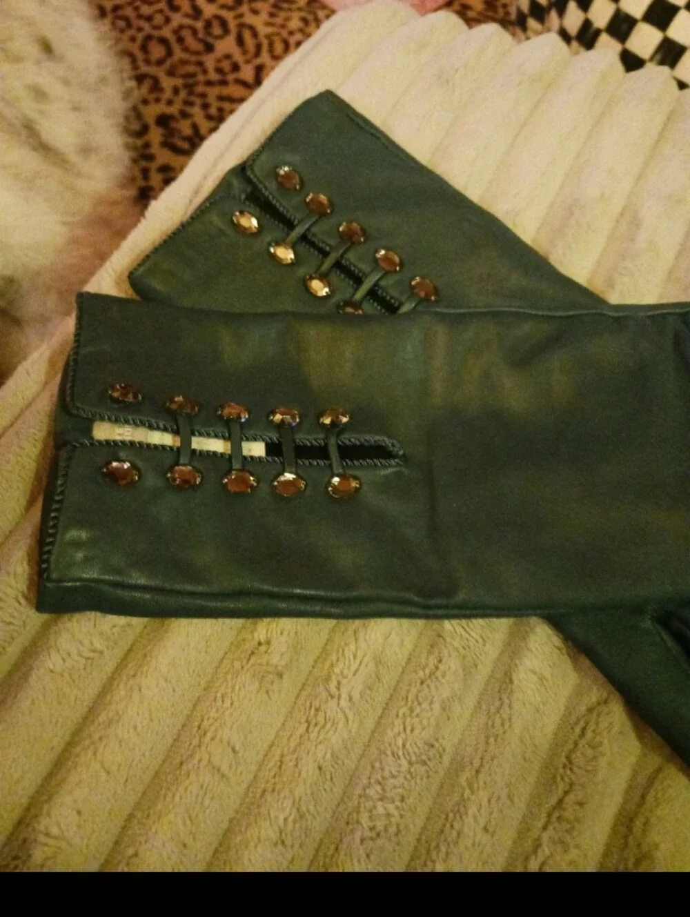 Teal Leather Dress Gloves with Button Detail Large
